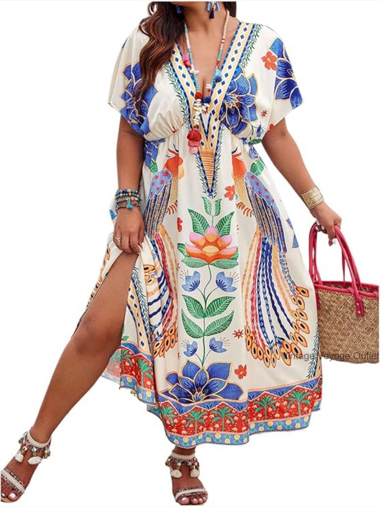 Plus Size Tribal Print Maxi Dress Dolman Sleeve V Neck Slit Summer